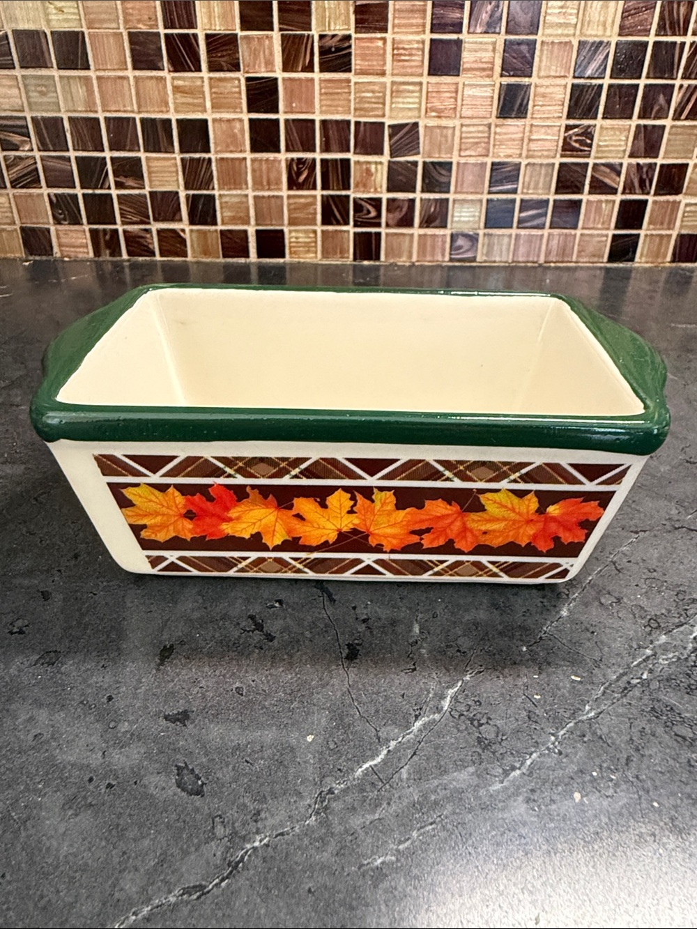 Decorative Autumn Leaf Ceramic mini loaf pan - Green and Cream